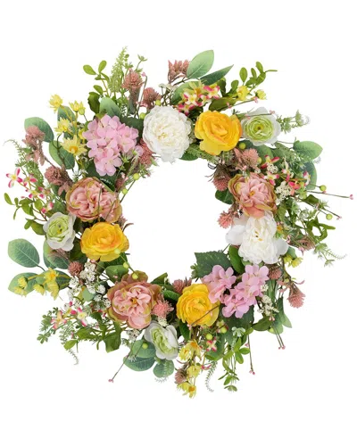 NORTHLIGHT NORTHLIGHT ROSE & HYDRANGEA FLORAL SPRING WREATH