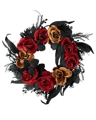 Northlight Roses With Foliage Halloween Wreath, 22" Unlit In Black