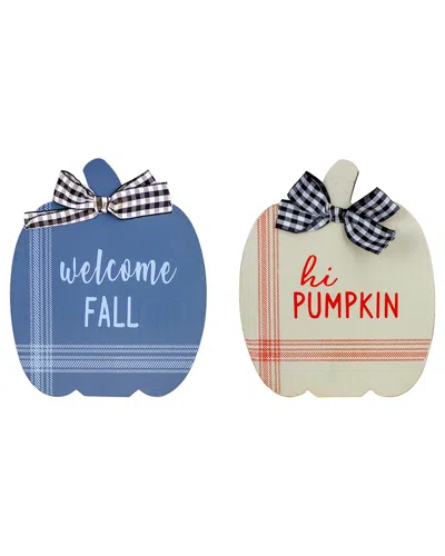 Northlight Set Of 2 Blue And Beige Fall Harvest Wooden Pumpkin Welcome Plaques  8in