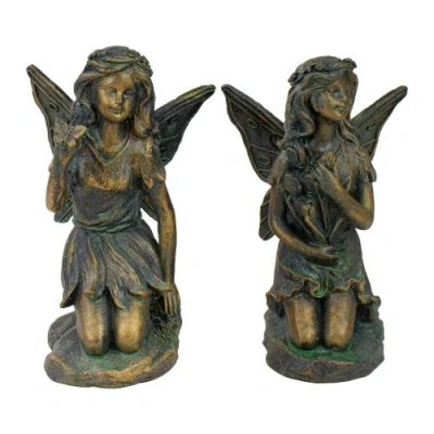 Northlight Set Of 2 Bronze Kneeling Fairies With Flowers And A Butterfly Outdoor Garden Statues In Brown