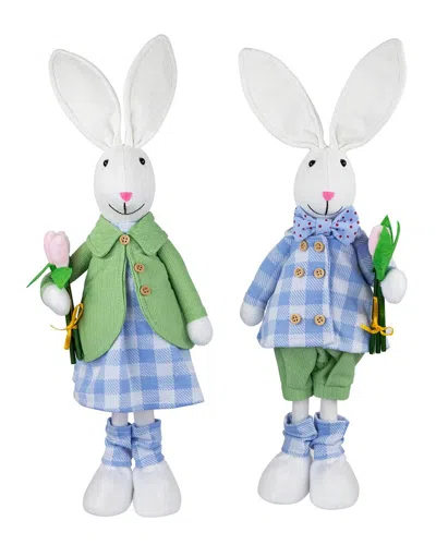 Northlight Set Of 2 Bunny Couple Figures In Matching Outfits In Blue