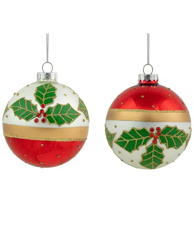 Northlight Set Of 2 Holly & Berries Glittered Christmas Glass Ball Ornaments In Multi