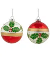 Northlight Set Of 2 Holly & Berries Glittered Christmas Glass Ball Ornaments