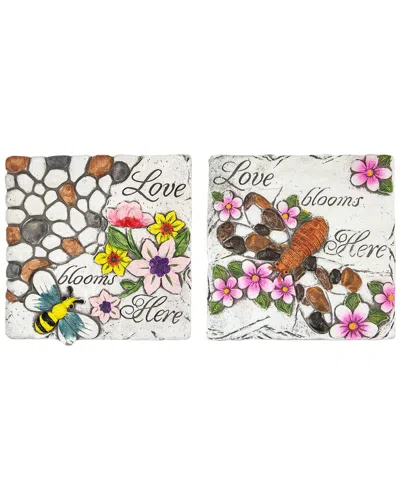 Northlight Set Of 2 'love Blooms Here' Floral Outdoor Garden Stones In Multi