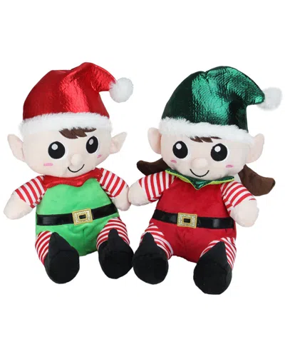 Northlight Set Of 2 Plush Sitting Boy And Girl Christmas Elf Figures 13" In Green