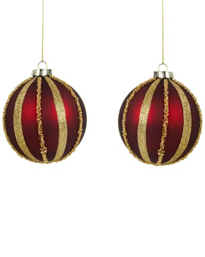 Northlight Set Of 2 Striped Beaded Christmas Ball Ornaments In Red