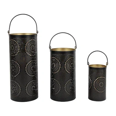 Northlight Set Of 3 Black And Gold Decorative Floral Cut-out Pillar Candle Lanterns 12.5"