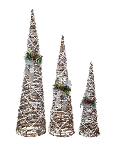 Northlight Set Of 3 Led Lighted Flocked Rattan Christmas Cone Tree Decorations  With Bows In Multi