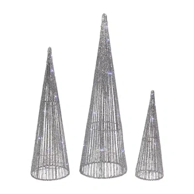 Northlight Set Of 3 Led Lighted Silver Glitter Cone Tree 23.5in Christmas Yard Art