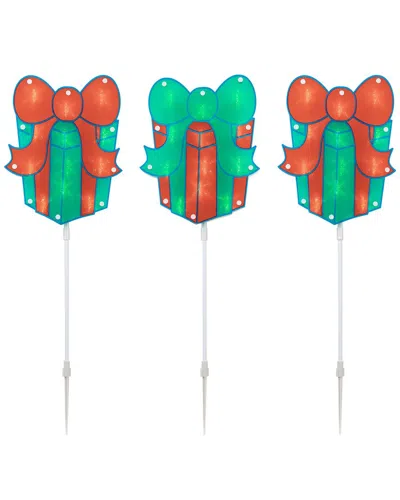 Northlight Set Of 3 Lighted Holographic Christmas Gift Box Pathway Markers In Red