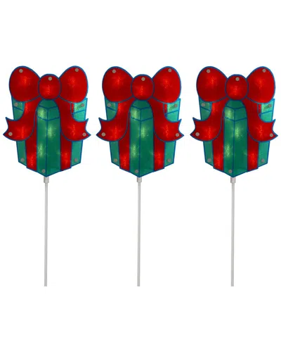 Northlight Set Of 3 Lighted Holographic Christmas Gift Box Pathway Markers In Red
