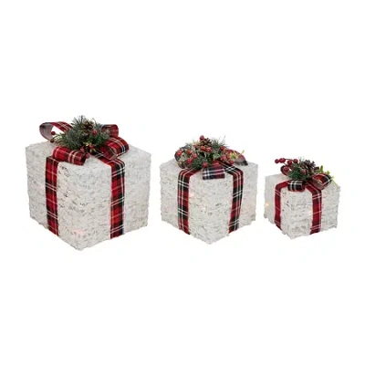 Northlight Set Of 3 Lighted Red Plaid Gift Boxes Outdoor Decorations Christmas Yard Art In White