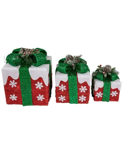 Northlight Set Of 3 Lighted Red With White Snowflakes Gift Box Outdoor Display