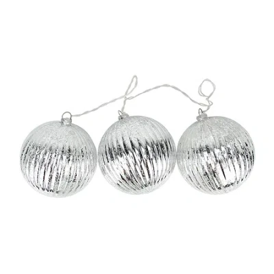 Northlight Set Of 3 Lighted Silver Mercury Glass Finish Ribbed Ball Christmas Ornaments - Clear Lights