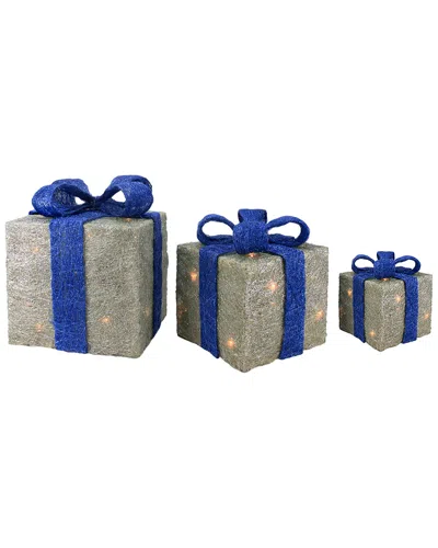 Northlight Set Of 3 Lighted Silver With Blue Bows Sisal Gift Boxes Christmas Outdoor Decorations