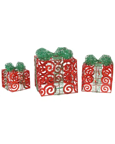 Northlight Set Of 3 Lighted Sparkling Red Swirl Glitter Gift Boxes