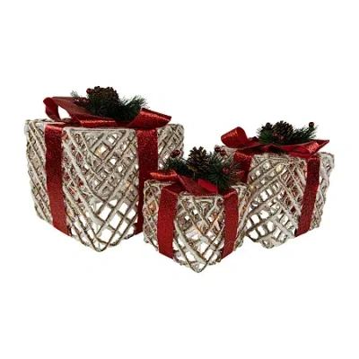 Northlight Set Of 3 Lighted White Rope Gift Box Decorations 9.75in Christmas Yard Art In Multi