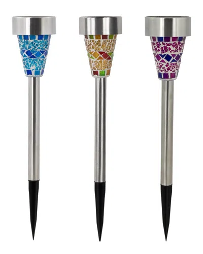 Northlight Set Of 3 Mosaic Stained Glass Solar Powered Led Pathway Markers In Multi