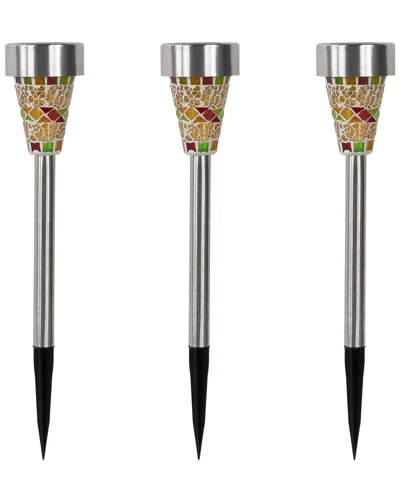Northlight Set Of 3 Mosaic Stained Glass Solar Powered Led Pathway Markers In Silver