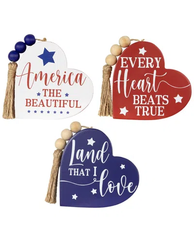 Northlight Set Of 3 Patriotic Hearts With Beaded Tassels Wooden Signs In Multi