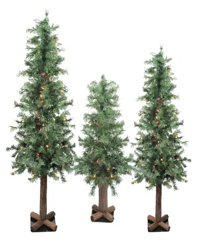Northlight Set Of 3 Pre-lit Woodland Alpine Artificial Christmas Trees In Green