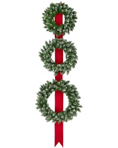 Northlight Set Of 3 Pre-lit Flocked Wreaths On Ribbons In Green