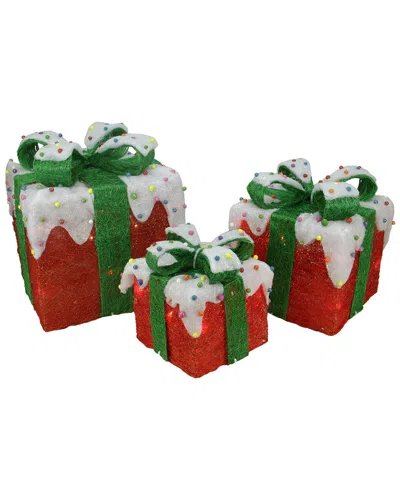 Northlight Set Of 3 Red Lighted Snow And Candy Covered Sisal Gift Boxes