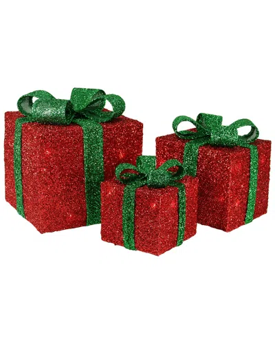 Northlight Set Of 3 Red Tinsel Gift Boxes With Green Bows Lighted Christmas