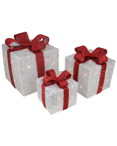Northlight Set Of 3 Silver Tinsel Gift Boxes With Red Bows Lighted Christmas