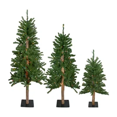 Northlight Set Of 3 Slim Alartificial Multicolor Lights 5 Foot Pre-lit Pine Christmas Tree In Green