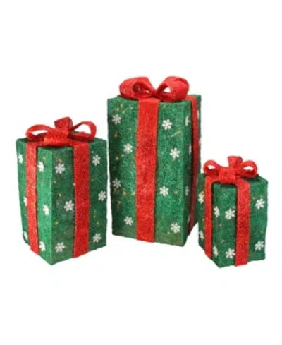 Northlight Set Of 3 Tall Green Sisal Gift Boxes Lighted Christmas Yard Decor In Red
