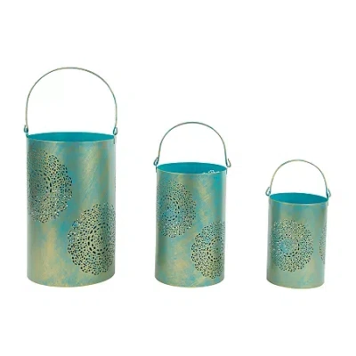 Northlight Set Of 3 Turquoise Blue And Gold Decorative Floral Cut-out Pillar Candle Lanterns 10"