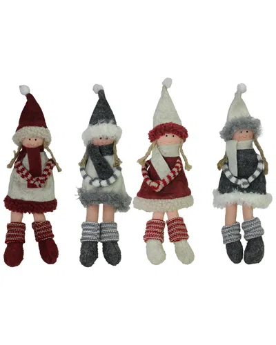 Northlight Set Of 4 Plush Red Gray & Beige Girls Christmas Doll Ornaments In Multi