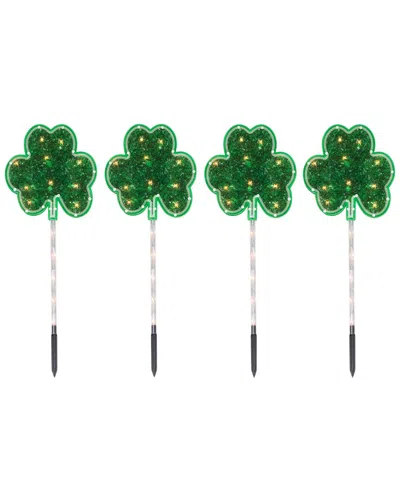 Northlight Set Of 4 Shamrock Lighted Lawn Stakes In Green
