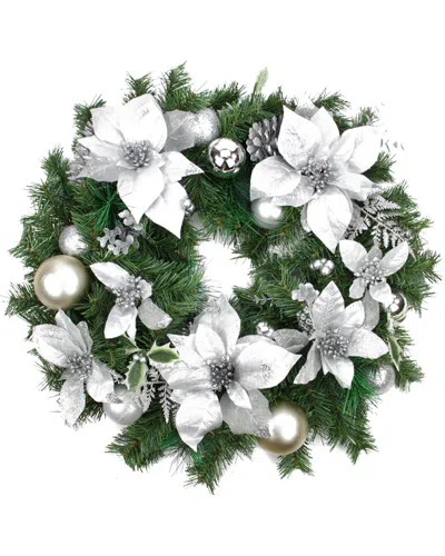 Northlight Silver Poinsettia & Pinecone Artificial Christmas Wreath In Green