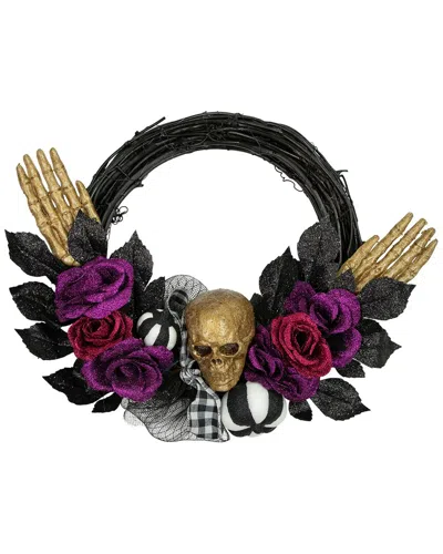 Northlight Skull With Hands & Roses Halloween Twig Wreath In Black