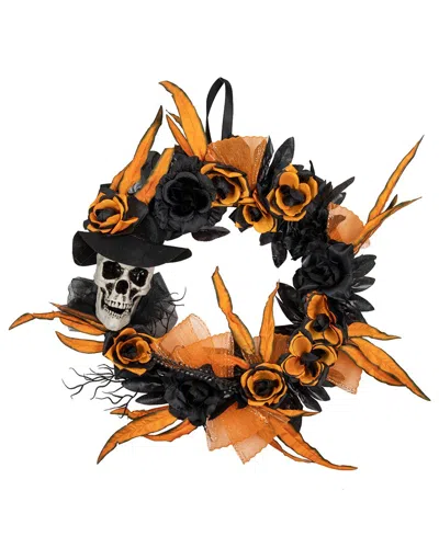 Northlight Skull With Roses Halloween Wreath In Orange