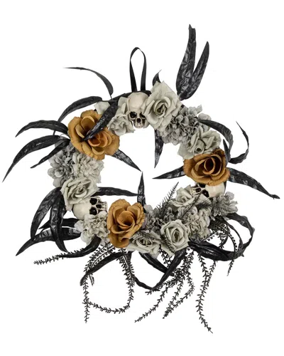 Northlight Skulls With Roses Halloween Wreath In Gray