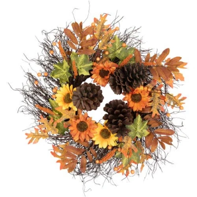 Northlight Sunflowers And Pine Cones Fall Artificial Thanksgiving Wreath, 24-inch, Unlit In Multi
