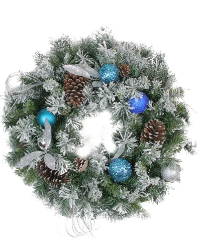 Northlight Teal & Silver Ball Flocked With Pine Cones Artificial Christmas Wreath In Green
