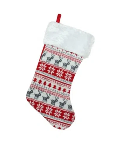 Northlight Tree Deer And Snowflake Knit Christmas Stocking With Faux Fur Cuff In Red