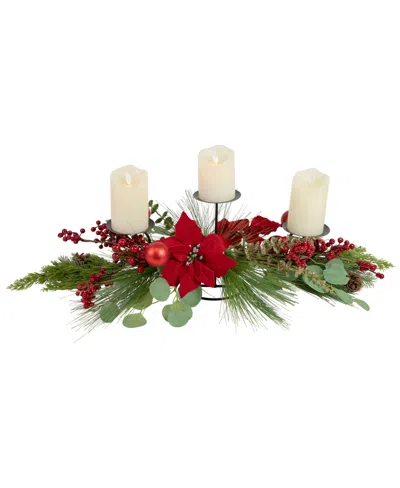 Northlight Triple Candle Holder With Berry And Poinsettia Christmas Decor, 32" In Black