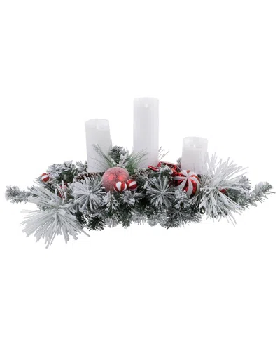Northlight Triple Candle Holder With Flocked Pine & Christmas Ornaments In Red