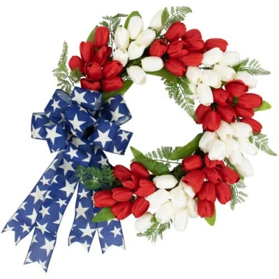 Northlight Tulip Patriotic Wreath With Star Bow In Red