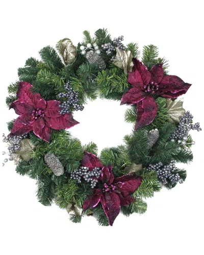 Northlight Two-tone Pine With Purple Poinsettias Silver Pine Cones & Berries Christmas Wreath In Green