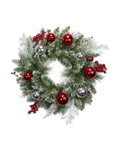 Northlight Unlit Flocked Mixed Pine With Ornaments And Berries Artificial Christmas Wreath In Green