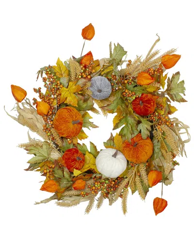 Northlight Velvet Pumpkins & Wheat Artificial Fall Harvest Wreath In Orange