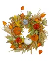 Northlight Velvet Pumpkins And Wheat Artificial Fall Harvest Wreath In Orange