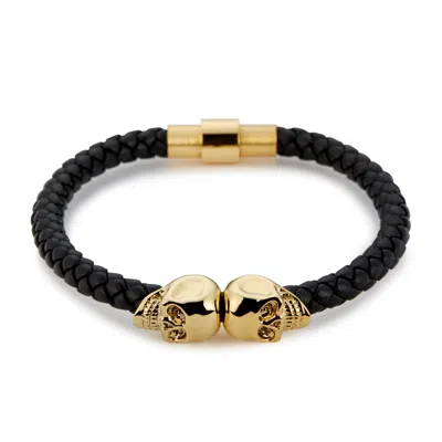 Northskull Men's Black Nappa Leather / Gold Twin Skull Bracelet
