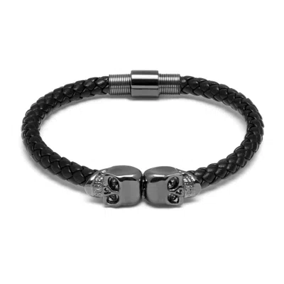 Northskull Men's Black Nappa Leather / Gunmetal Twin Skull Bracelet